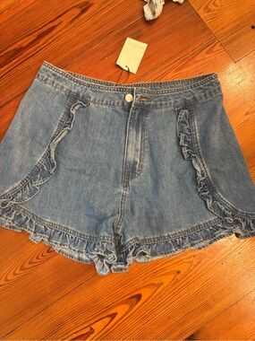 Mable Casual Ruffle-Hem Denim Shorts - Blue